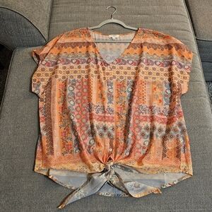 Umgee Orange Pink Abtract Patterned Paisley Casual Boho Sheer Coastal Top Large